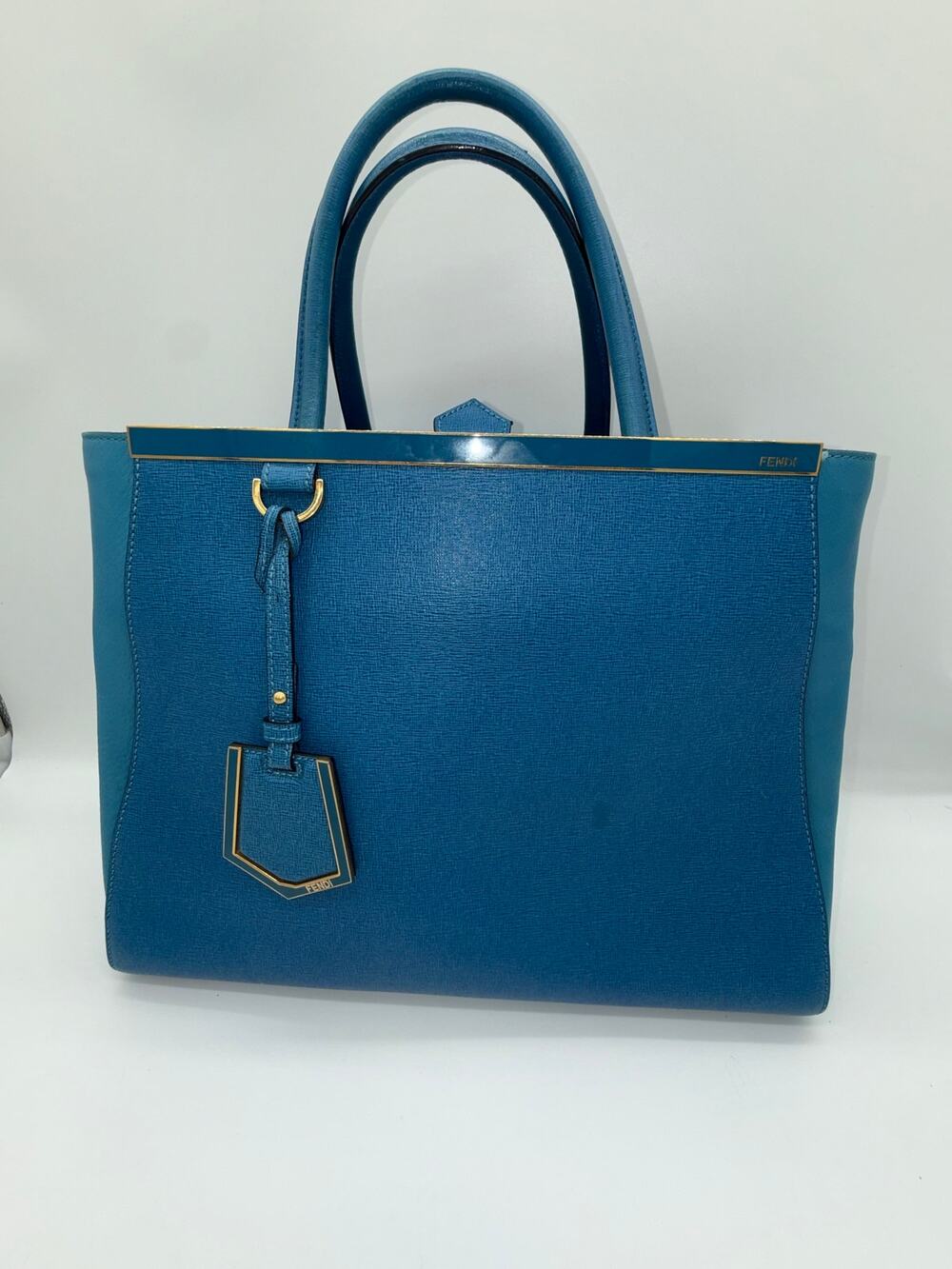 Fendi Medium 2Jours Leather Tote Bag Blue Gold Hardware Shoulder Strap